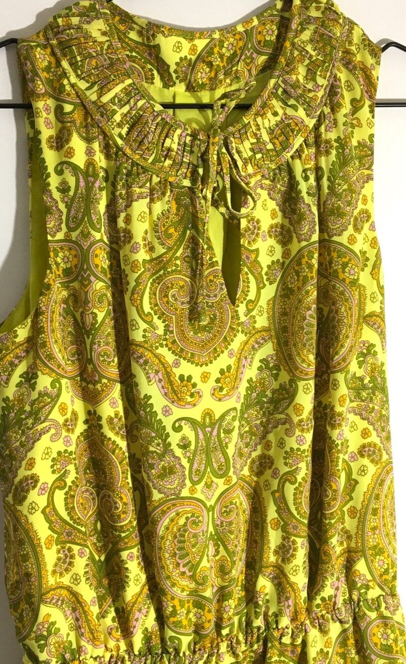 Banana Republic Women's Size Medium Yellow & Pink Paisley Pleated Neck Dress